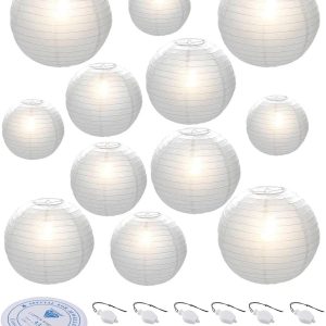 HAUSPROFI Paper Lanterns, 6" 8" 10" 12" Round Paper Lantern with LED Lantern Lights for Indoor and Outdoor Decoration - (Lanterns: 12pcs, Warm White Lights: 12pcs)